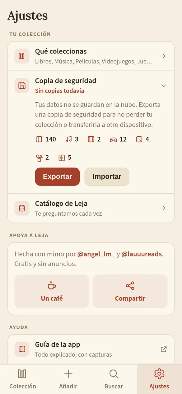 Los ajustes de Leja, con la copia de seguridad abierta
