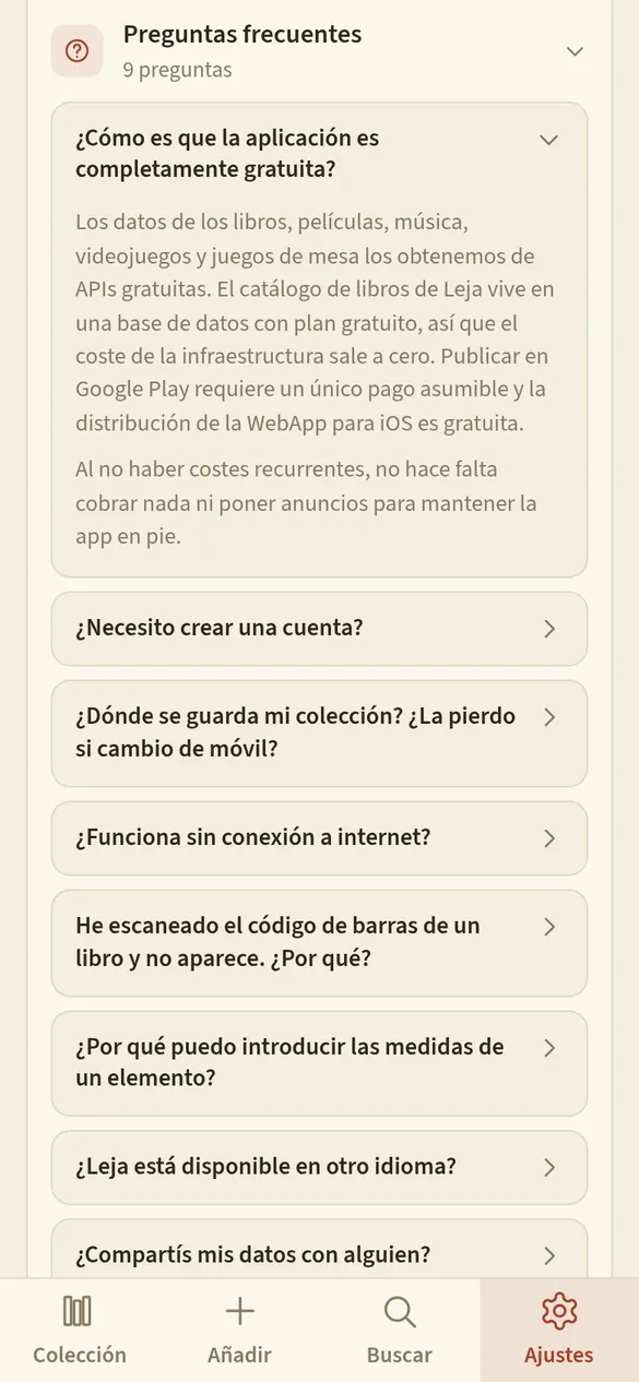 Preguntas frecuentes dentro de Ajustes