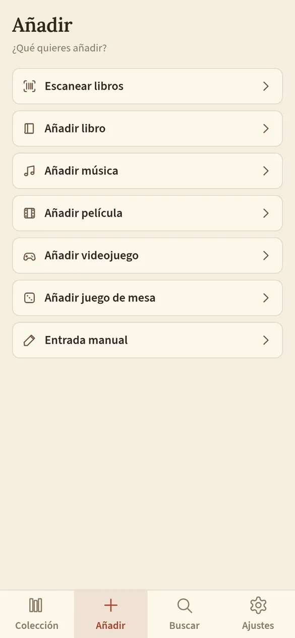 Menú para añadir con una opción por tipo de colección