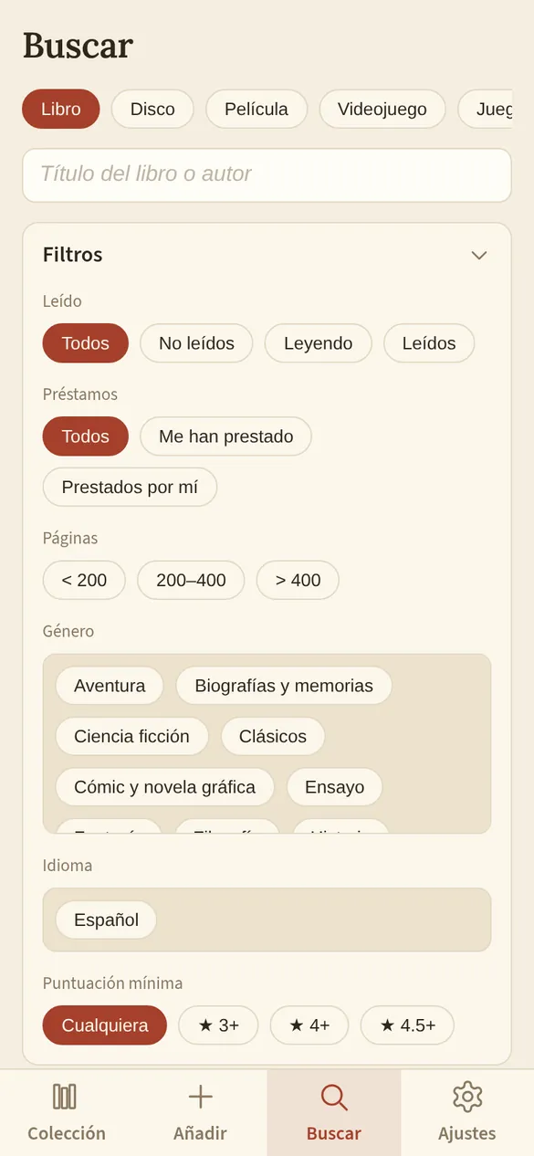 Buscador con filtros por género, estado de lectura y puntuación