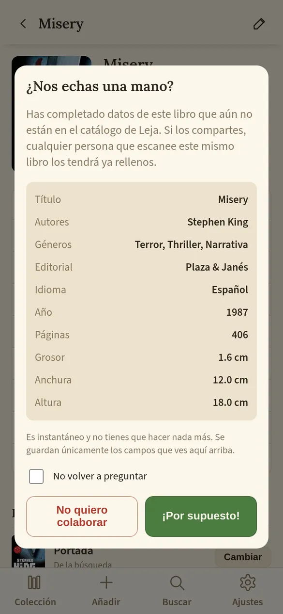 Aviso que pregunta si quieres compartir los datos del libro con el catálogo