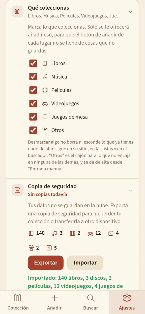 Ajustes con una casilla por cada tipo de colección