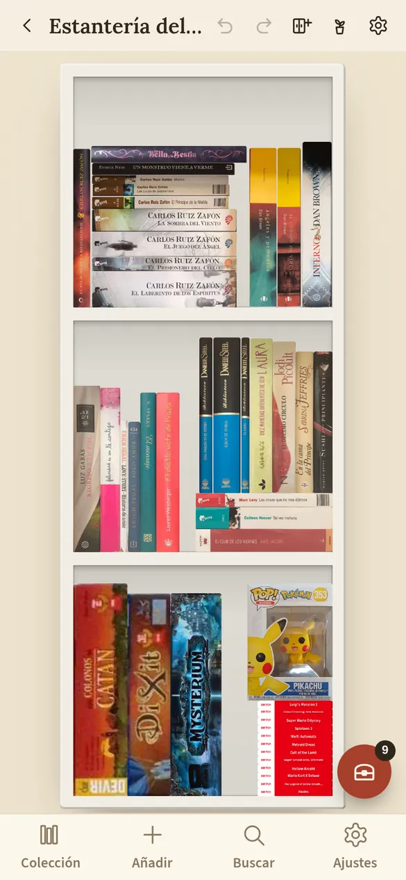 La estantería virtual de Leja con los libros colocados en sus baldas