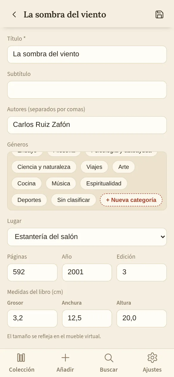 Selector de géneros con el botón de nueva categoría