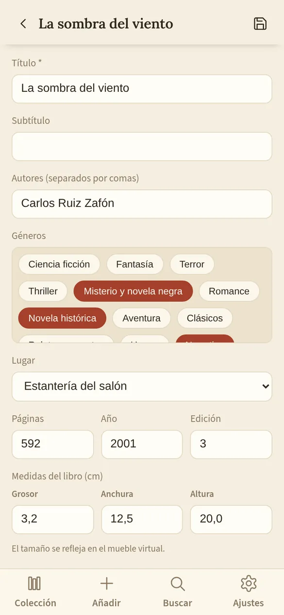 La ficha en modo edición, con el título, los autores, los géneros y las medidas del libro