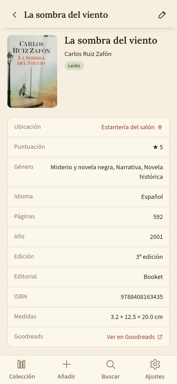 Ficha de un libro con portada, datos y estado de lectura