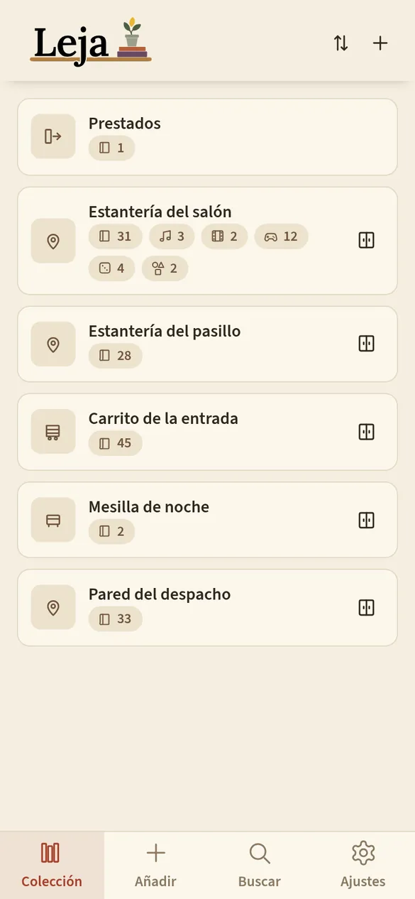 Pantalla de inicio de Leja con la lista de lugares