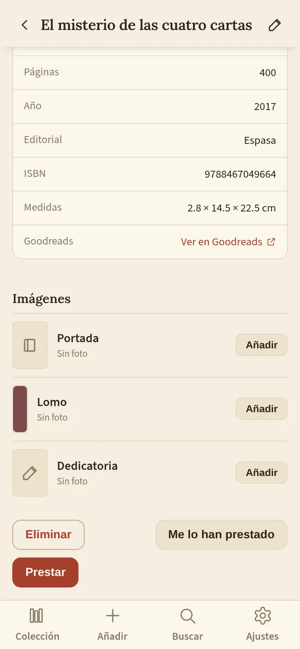 Apartado de imágenes de la ficha, con el botón Añadir junto al lomo