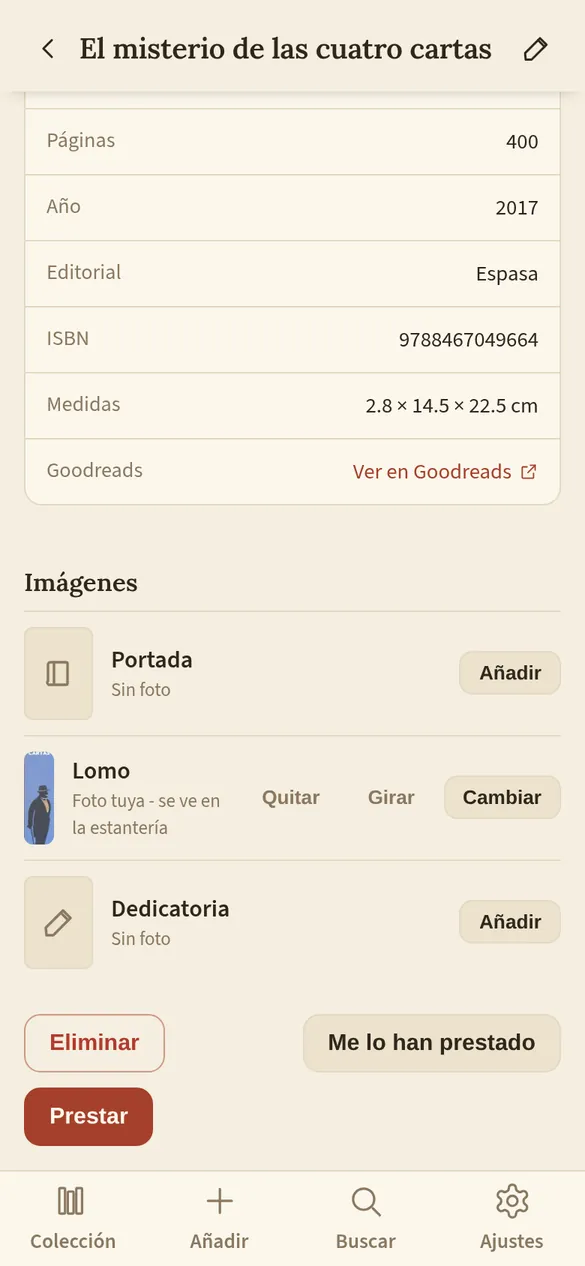 La ficha con la foto del lomo ya guardada