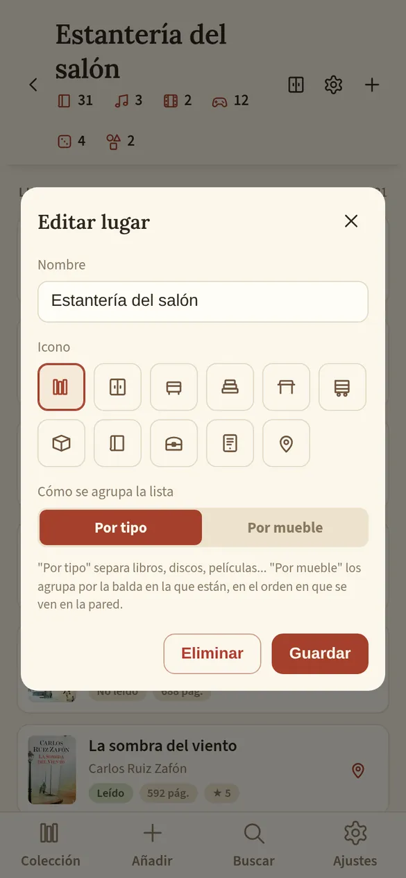 Diálogo para editar un lugar: nombre, icono, cómo se agrupa la lista y eliminar