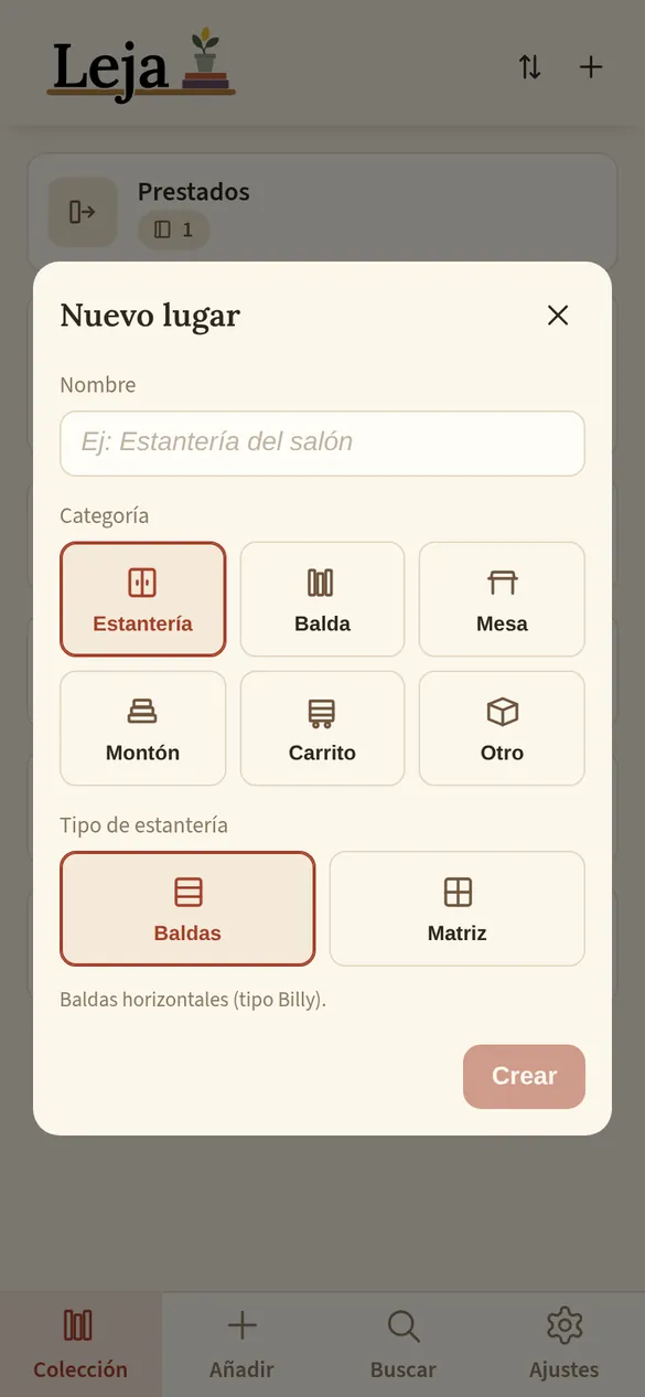 Diálogo de nuevo lugar con las categorías disponibles