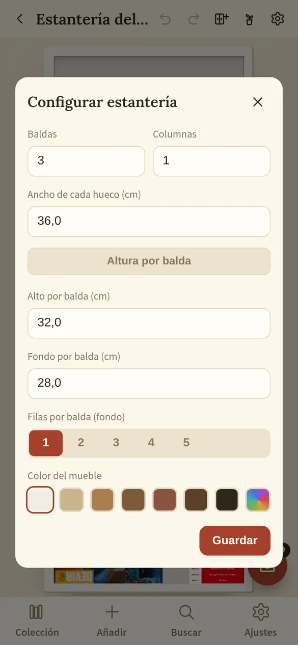 Diálogo de ajustes del mueble virtual