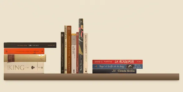Una balda con dos pilas de libros tumbados y una fila de pie en el medio