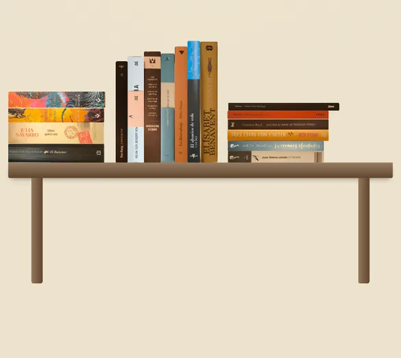 Una mesa con libros apilados y otros de pie