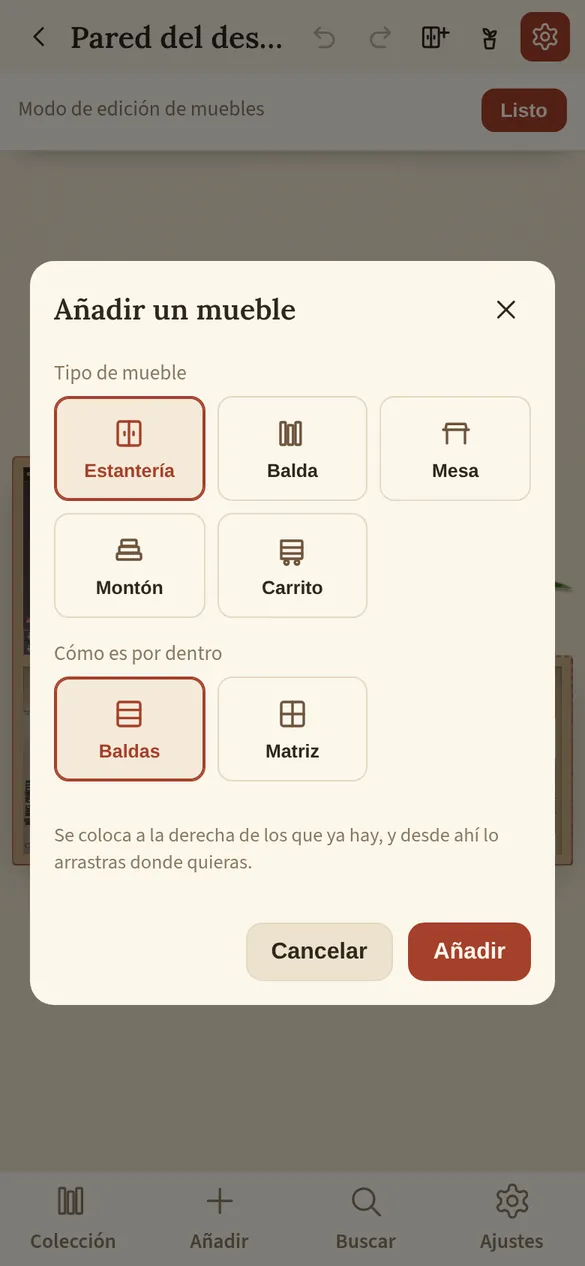 Diálogo para elegir el tipo del mueble nuevo