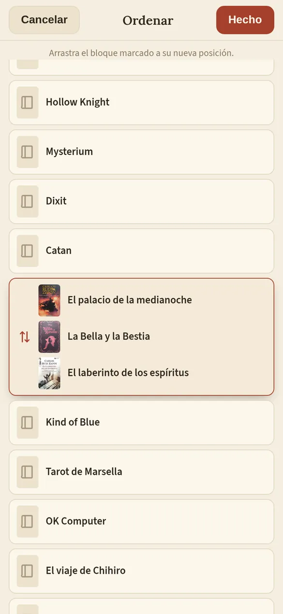 Panel para ordenar arrastrando el bloque seleccionado