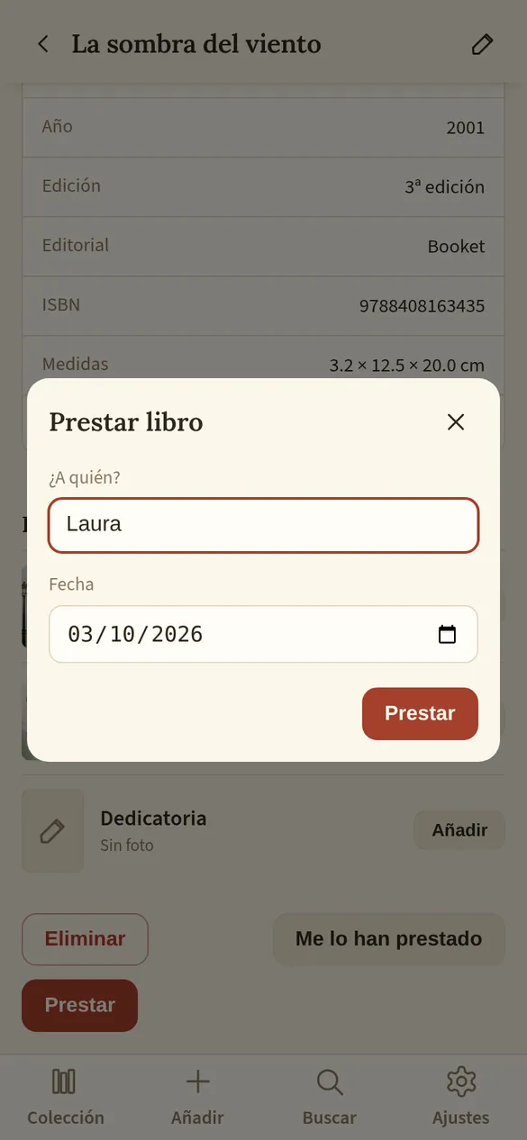 Diálogo para prestar un libro, con la persona y la fecha