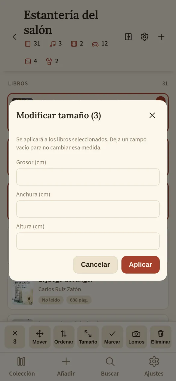 Diálogo para cambiar las medidas de varias cosas a la vez