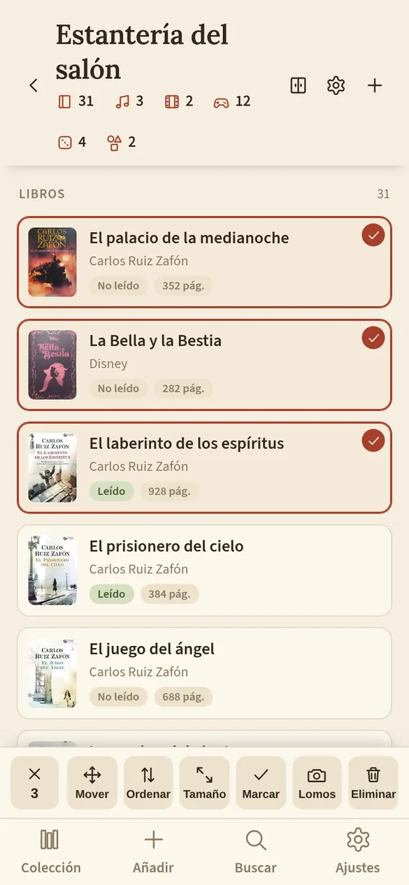 Varias cosas seleccionadas y la barra de acciones
