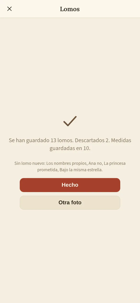 Resumen de los lomos guardados