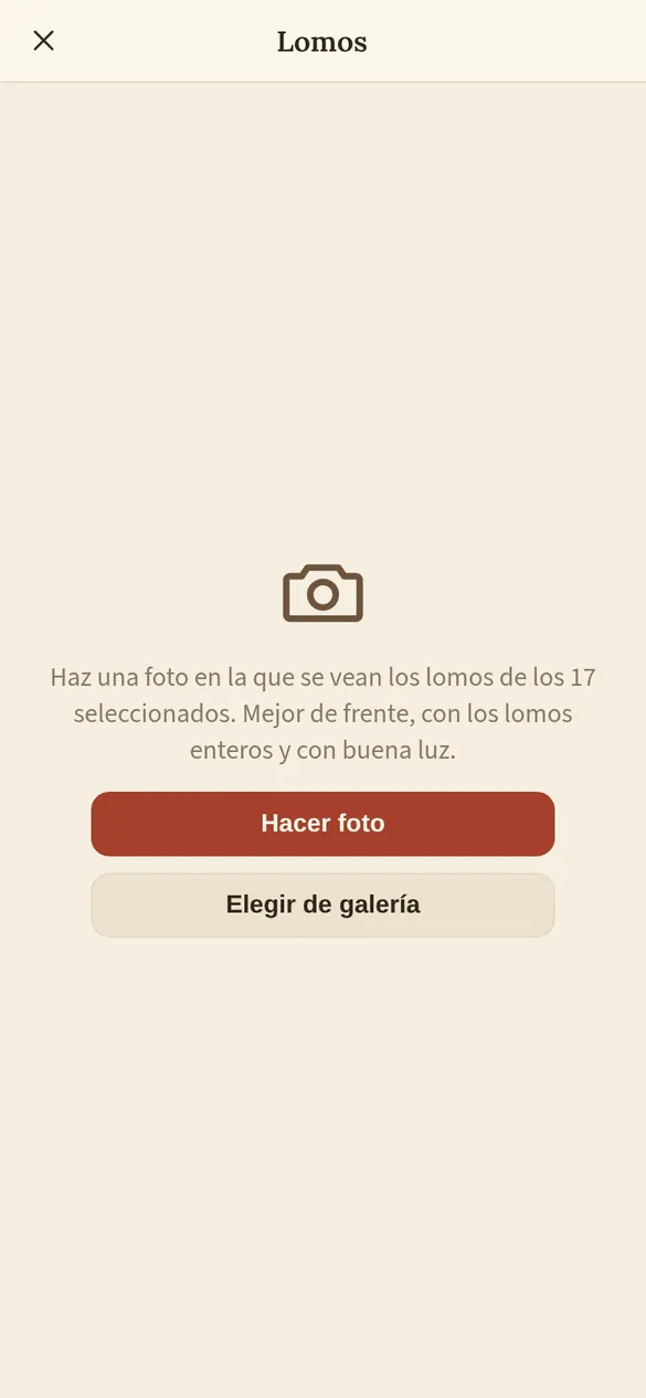 Pantalla para hacer la foto de los lomos o elegirla de la galería