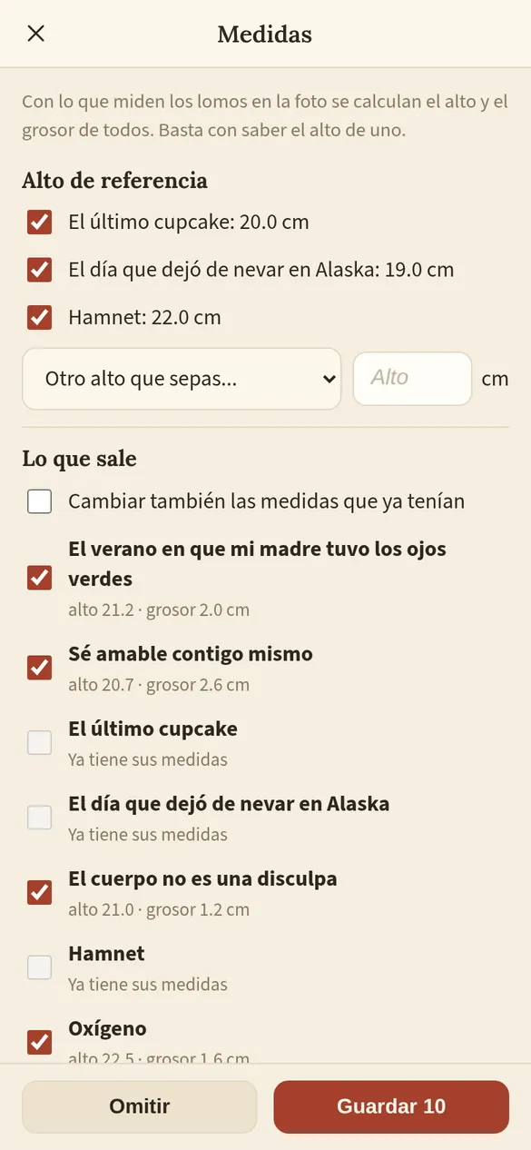 Pantalla de medidas con las alturas de referencia y lo que sale para cada libro