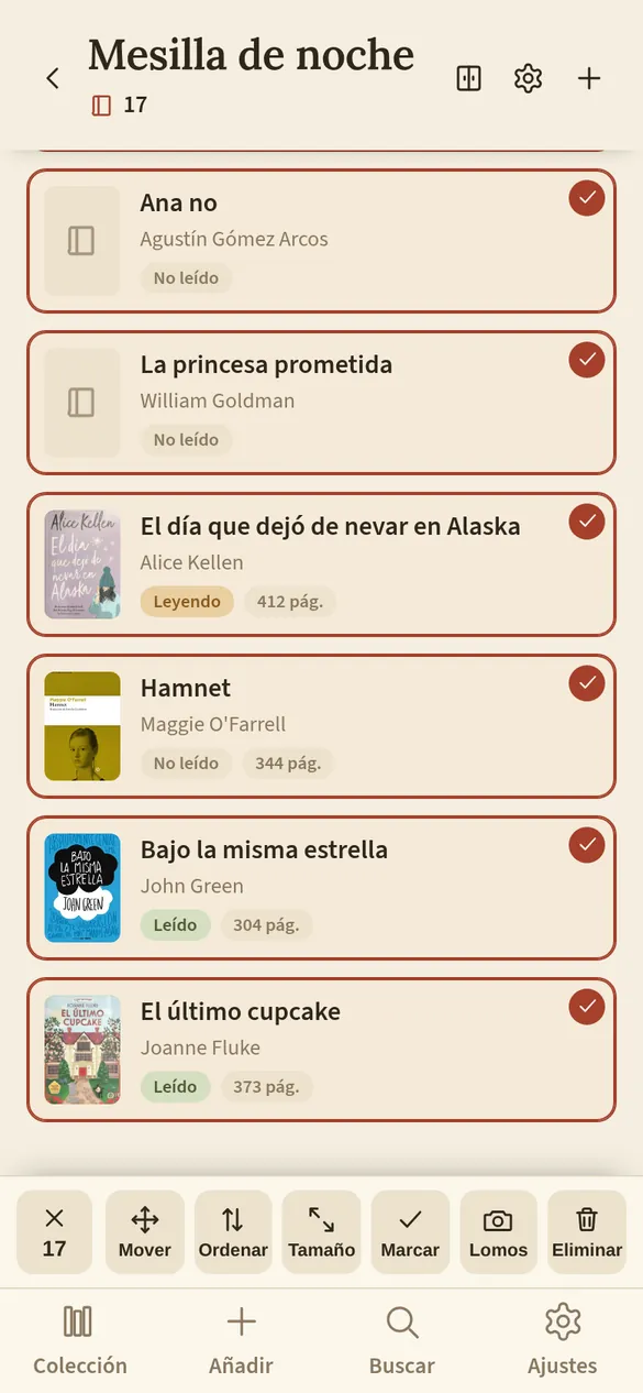 Los libros de la mesilla seleccionados y la barra de acciones