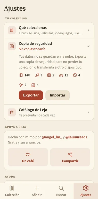 Sección Copia de seguridad en los ajustes de Leja, con los botones Exportar e Importar