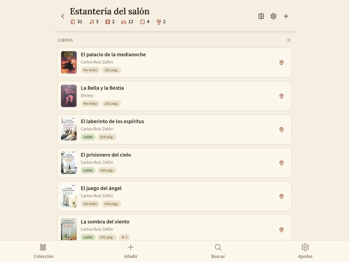 Un iPad en horizontal con Leja abierta, enseñando la lista de libros de la estantería del salón con sus portadas
