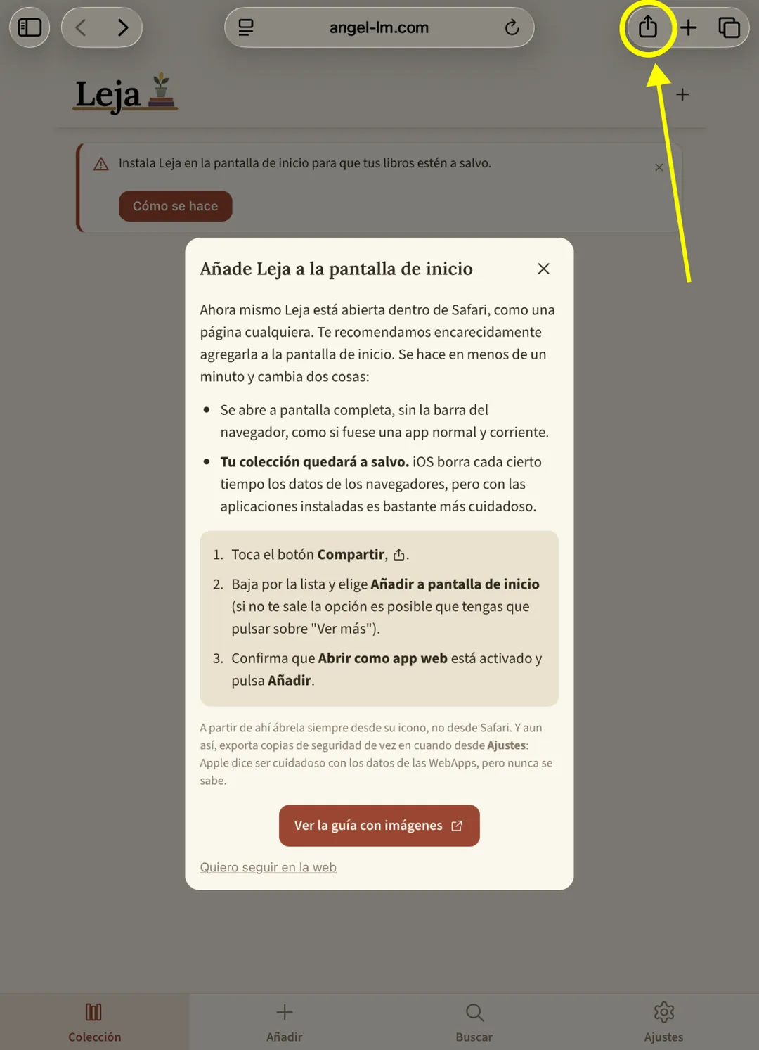 Leja abierta dentro de Safari, con el botón Compartir rodeado en la barra del navegador