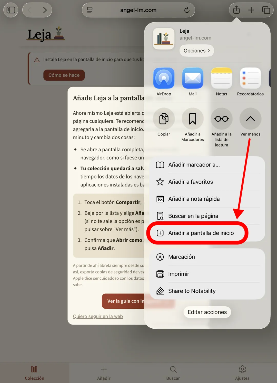 El menú Compartir de Safari abierto, con la opción Añadir a pantalla de inicio rodeada