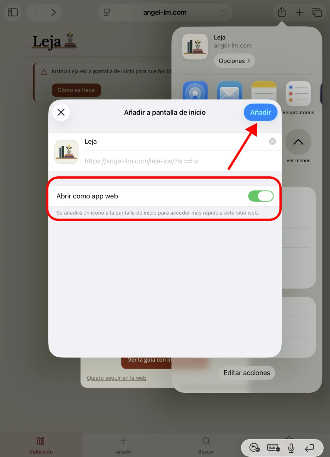 El diálogo Añadir a pantalla de inicio, con el interruptor Abrir como app web activado y el botón Añadir señalado
